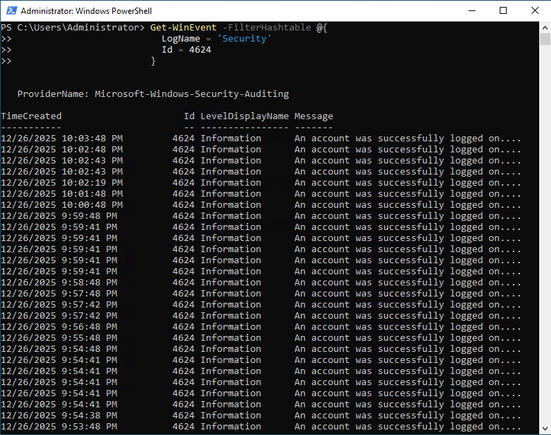 Successful logon events 4624